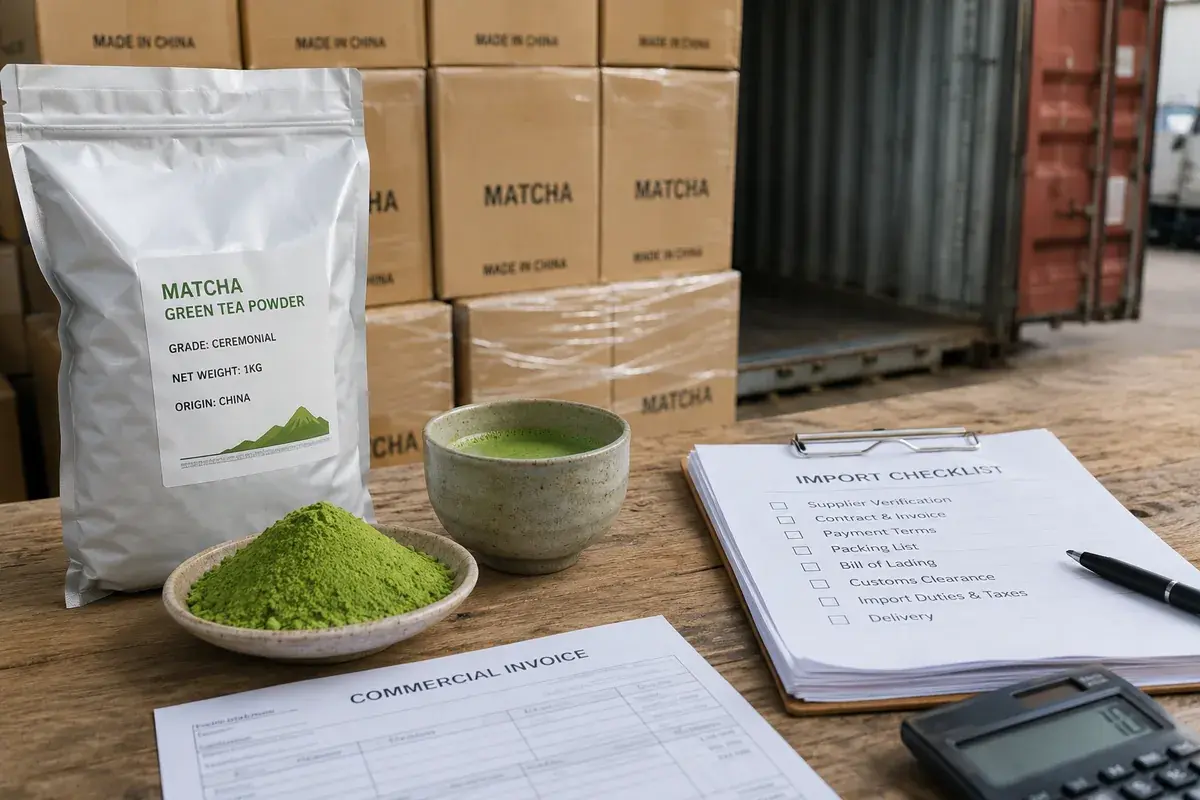 A bag of ceremonial grade matcha powder, a bowl of whisked matcha, a commercial invoice, and an import checklist on a wooden table, with shipping boxes in the background.