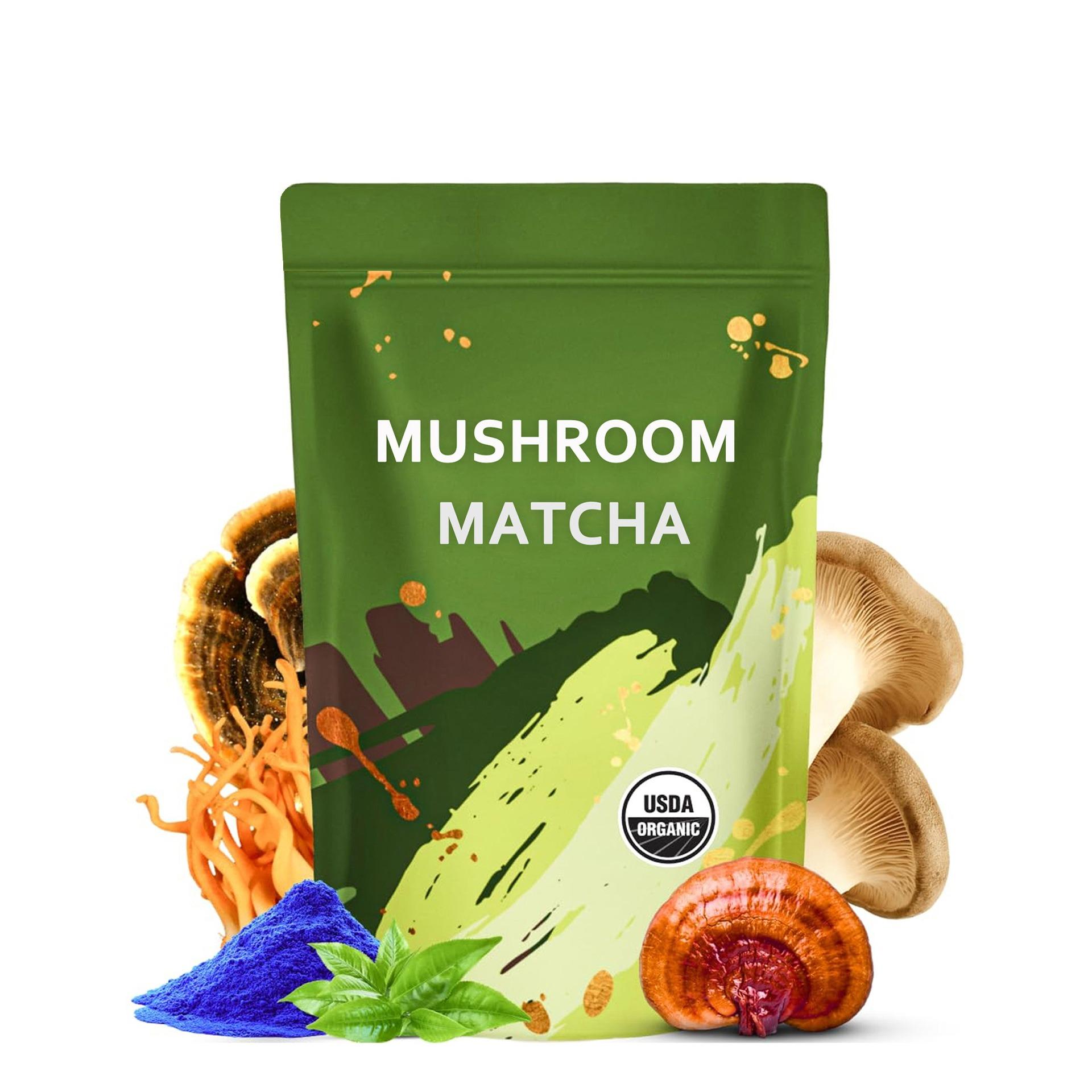 A green package of Mushroom Matcha labeled USDA Organic, surrounded by functional mushrooms like Reishi, Cordyceps, and Lion's Mane, with matcha powder and green tea leaves.