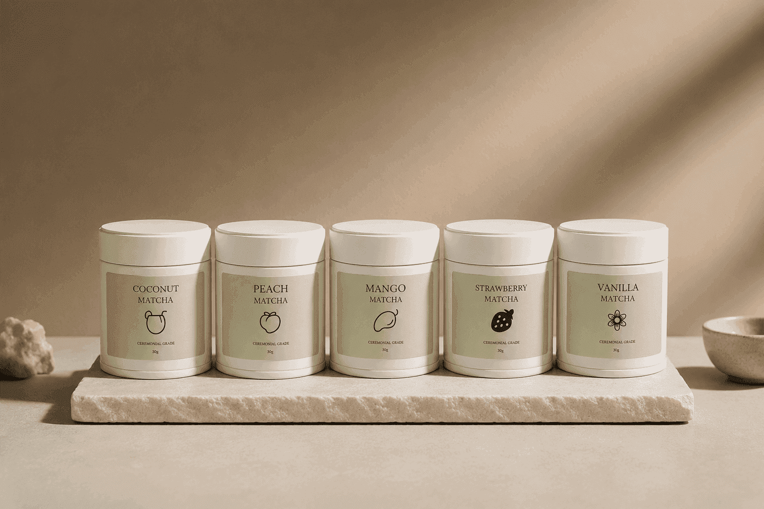 Orisen Tea Flavored Matcha Tins - Coconut, Peach, Mango, Strawberry, and Vanilla Matcha