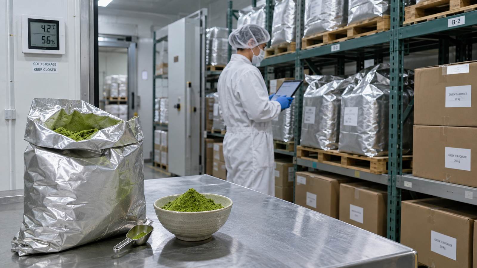 A technician inspecting bulk aluminum bags of matcha powder inside a cold storage warehouse.
